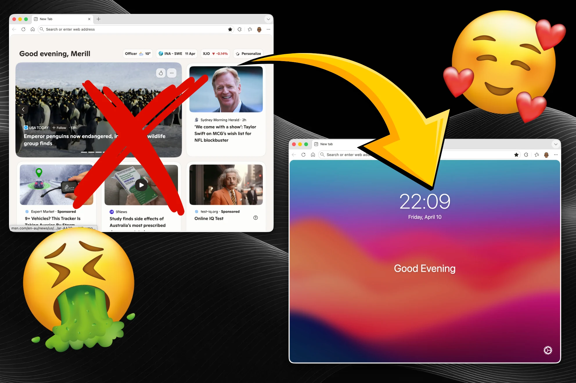 Comparison of cluttered browser new tab vs clean Yako page