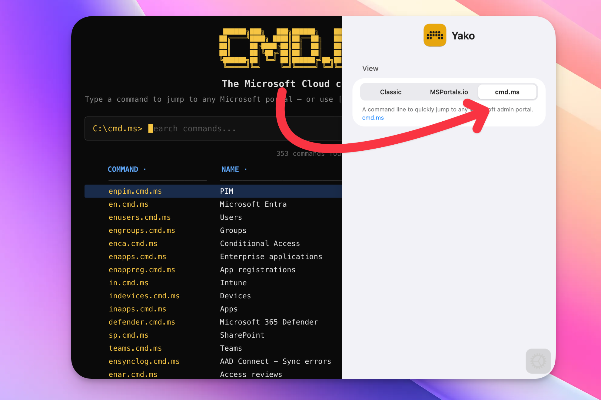 cmd.ms command-line interface for portal shortcuts